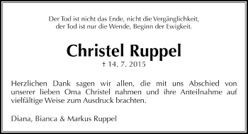 Traueranzeige von Christel Ruppel von Licher Wochenblatt, Licher Wochenblatt, Licher Wochenblatt