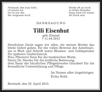 Traueranzeige von Tilli Eisenhut von Wetterauer Zeitung, Wetterauer Zeitung
