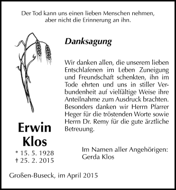 Traueranzeige von Erwin Klos von Gießener Allgemeine, Alsfelder Allgemeine