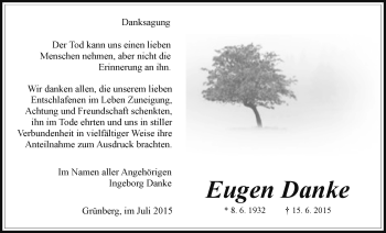 Traueranzeige von Eugen Danke von Gießener Allgemeine, Alsfelder Allgemeine