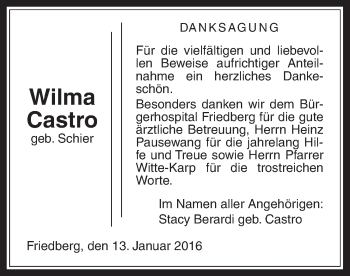 Traueranzeige von Wilma Castro von Wetterauer Zeitung, Wetterauer Zeitung