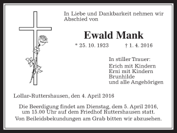 Traueranzeige von Ewald Mank von Gießener Allgemeine, Alsfelder Allgemeine