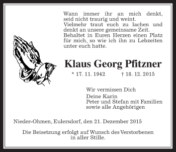 Traueranzeige von Klaus Georg Pfitzner von Alsfelder Allgemeine