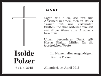 Traueranzeige von Isolde Polzer von Allendorfer Mitteilungen