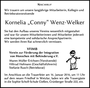 Traueranzeige von Kornelia Wenz-Welker von Gießener Allgemeine, Alsfelder Allgemeine