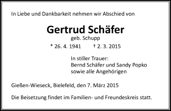 Traueranzeige von Schäfer Gertrud von Gießener Allgemeine, Alsfelder Allgemeine