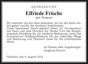 Traueranzeige von Elfriede Frische von Wetterauer Zeitung, Wetterauer Zeitung