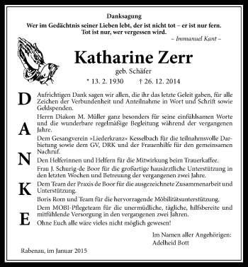 Traueranzeige von Katharine Zerr von Rabenauer Zeitung