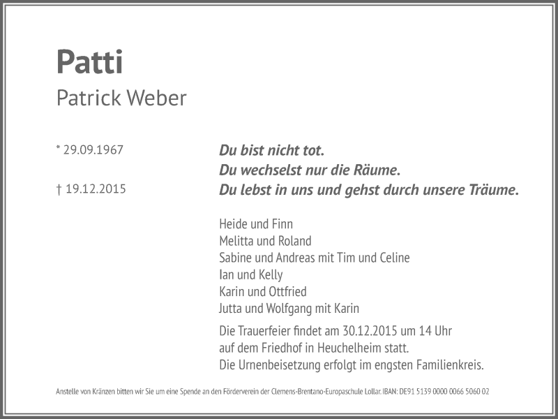  Traueranzeige für Patrick Weber vom 23.12.2015 aus Gießener Allgemeine, Alsfelder Allgemeine