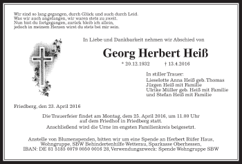 Traueranzeige von Georg Herbert Heiß von Wetterauer Zeitung, Wetterauer Zeitung