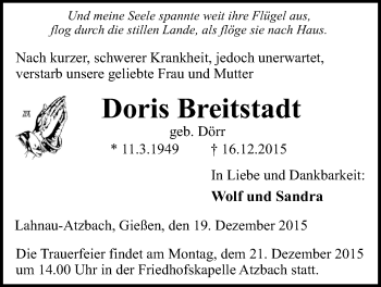 Traueranzeige von Doris Breitstadt von Gießener Allgemeine, Alsfelder Allgemeine