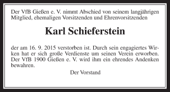 Traueranzeige von Karl Schieferstein von Gießener Allgemeine, Alsfelder Allgemeine
