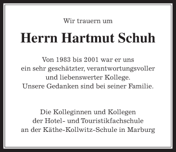 Traueranzeige von Hartmut Schuh von Gießener Allgemeine, Alsfelder Allgemeine
