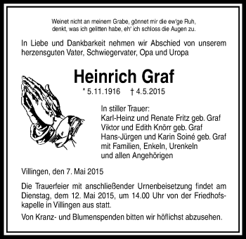 Traueranzeige von Heinrich Graf von Licher Wochenblatt, Licher Wochenblatt, Licher Wochenblatt