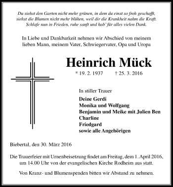 Traueranzeige von Heinrich Mück von Gießener Allgemeine, Alsfelder Allgemeine
