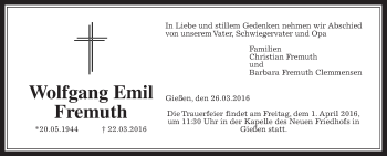 Traueranzeige von Wolfgang Emil Fremuth von Gießener Allgemeine, Alsfelder Allgemeine