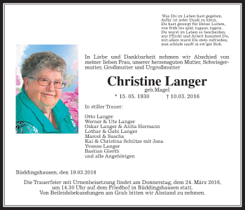Traueranzeige von Christine Langer von Gießener Allgemeine, Alsfelder Allgemeine