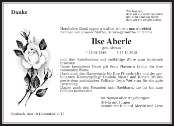 Traueranzeige von Ilse Aberle von Wetterauer Zeitung, Wetterauer Zeitung
