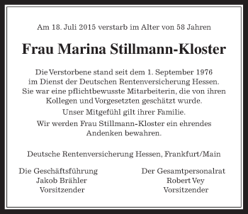 Traueranzeige von Marina Stillmann-Kloster von Wetterauer Zeitung, Wetterauer Zeitung