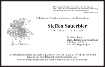 Traueranzeige von Steffen Sauerbier von Gießener Allgemeine, Alsfelder Allgemeine, Wetterauer Zeitung, Wetterauer Zeitung