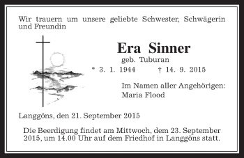 Traueranzeige von Era Sinner von Gießener Allgemeine, Alsfelder Allgemeine