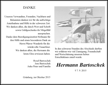Traueranzeige von Hermann Bartoschek von Gießener Allgemeine, Alsfelder Allgemeine, Heimatzeitung Grünberg + Laubach, Laubacher Anzeiger