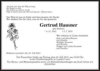 Traueranzeige von Gertrud Hausner von Gießener Allgemeine, Alsfelder Allgemeine
