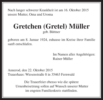 Traueranzeige von Gretchen Müller von Gießener Allgemeine, Alsfelder Allgemeine