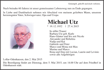 Traueranzeige von Michael Utz von Gießener Allgemeine, Alsfelder Allgemeine