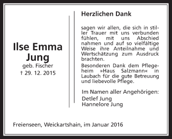 Traueranzeige von Ilse Emma Jung von Heimatzeitung Grünberg + Laubach, Laubacher Anzeiger