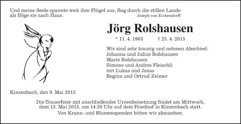  Traueranzeige für Jörg Rolshausen vom 09.05.2015 aus Gießener Allgemeine, Alsfelder Allgemeine