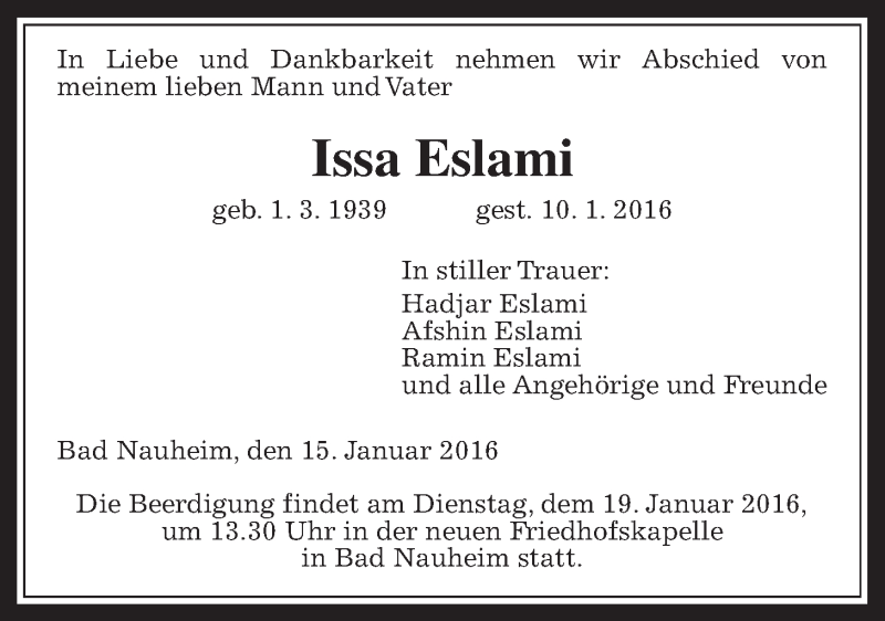  Traueranzeige für Issa Eslami vom 15.01.2016 aus Wetterauer Zeitung, Wetterauer Zeitung