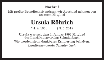 Traueranzeige von Ursula Röhrich von Alsfelder Allgemeine
