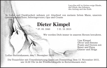 Traueranzeige von Dieter Kimpel von Gießener Allgemeine, Alsfelder Allgemeine