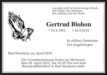 Traueranzeige von Gertrud Blohon von Wetterauer Zeitung, Wetterauer Zeitung
