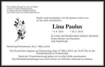 Traueranzeige von Lina Paulus von Alsfelder Allgemeine