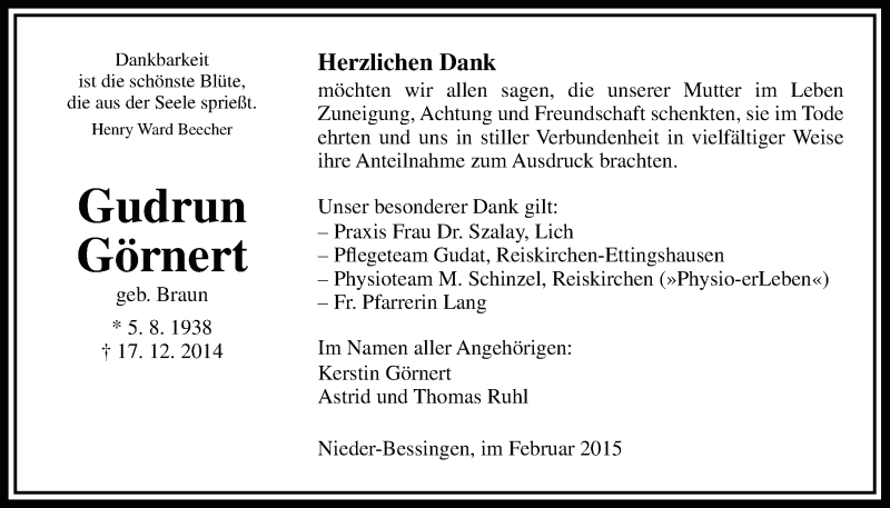  Traueranzeige für Gudrun Görnert vom 14.02.2015 aus Gießener Allgemeine, Alsfelder Allgemeine