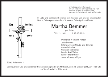 Traueranzeige von Martha Demmer von Wetterauer Zeitung, Wetterauer Zeitung