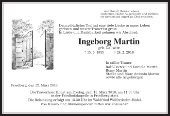 Traueranzeige von Ingeborg Martin von Wetterauer Zeitung, Wetterauer Zeitung