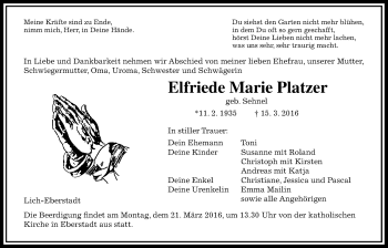 Traueranzeige von Elfriede Marie Platzer von Gießener Allgemeine, Alsfelder Allgemeine