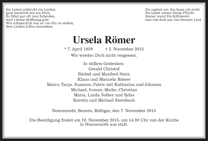  Traueranzeige für Ursela Römer vom 07.11.2015 aus Gießener Allgemeine, Alsfelder Allgemeine
