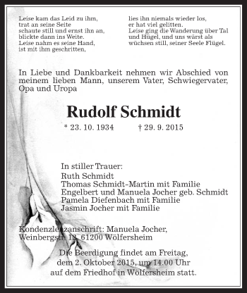 Traueranzeige von Rudolf Schmidt von Wetterauer Zeitung, Wetterauer Zeitung