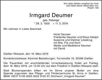 Traueranzeige von Irmgard Deumer von Gießener Allgemeine, Alsfelder Allgemeine
