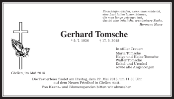 Traueranzeige von Gerhard Tomsche von Gießener Allgemeine, Alsfelder Allgemeine