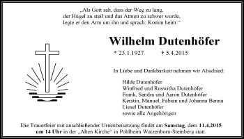 Traueranzeige von Wilhelm Dutennhöfer von Gießener Allgemeine, Alsfelder Allgemeine