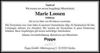 Traueranzeige von Marie Loosen von Gießener Allgemeine, Alsfelder Allgemeine
