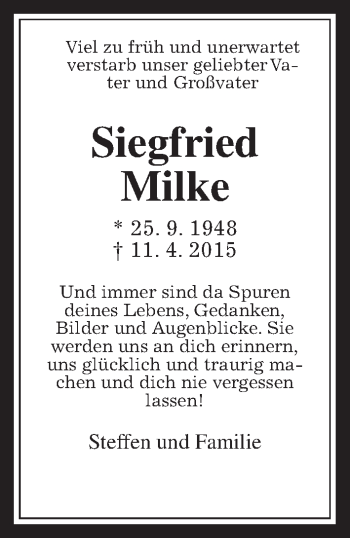 Traueranzeige von Siegfried Milke von Gießener Allgemeine, Alsfelder Allgemeine