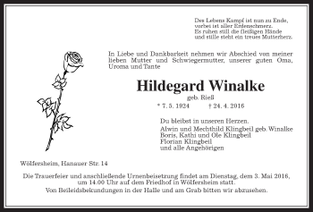 Traueranzeige von Hildegard Winalke von Wetterauer Zeitung, Wetterauer Zeitung