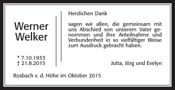 Traueranzeige von Werner Welker von Wetterauer Zeitung, Wetterauer Zeitung