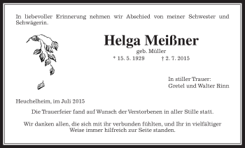 Traueranzeige von Hegla Meißner von Gießener Allgemeine, Alsfelder Allgemeine